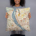 Person holding 18x18 Custom Harrisburg Pennsylvania Map Throw Pillow in Woodblock