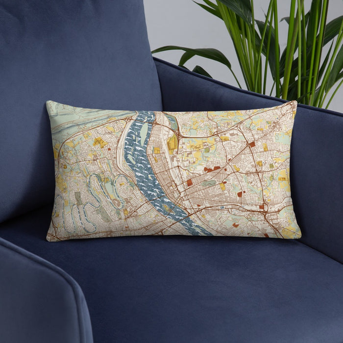 Custom Harrisburg Pennsylvania Map Throw Pillow in Woodblock on Blue Colored Chair