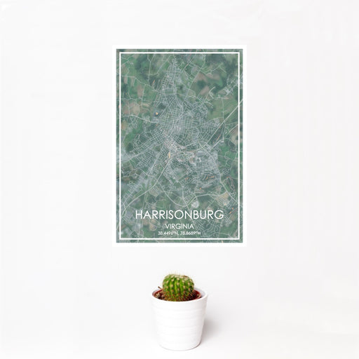 12x18 Harrisonburg Virginia Map Print Portrait Orientation in Afternoon Style With Small Cactus Plant in White Planter