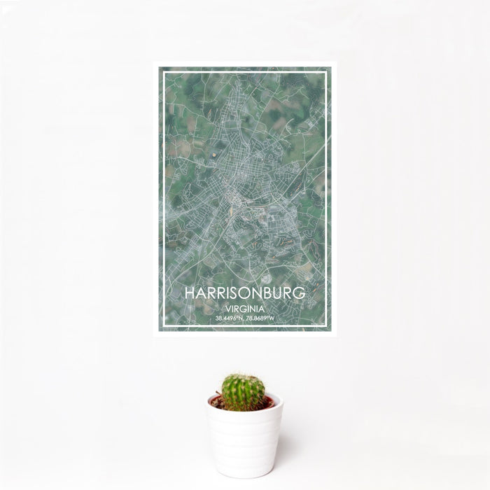 12x18 Harrisonburg Virginia Map Print Portrait Orientation in Afternoon Style With Small Cactus Plant in White Planter