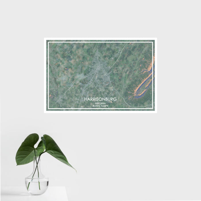 16x24 Harrisonburg Virginia Map Print Landscape Orientation in Afternoon Style With Tropical Plant Leaves in Water