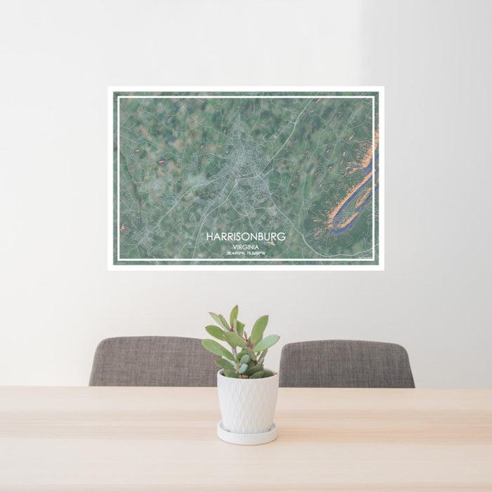 24x36 Harrisonburg Virginia Map Print Lanscape Orientation in Afternoon Style Behind 2 Chairs Table and Potted Plant
