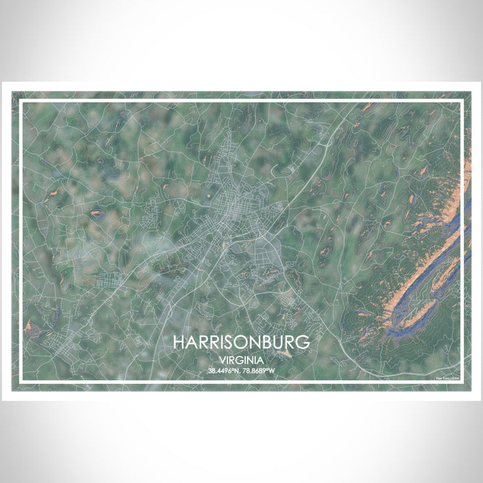 Harrisonburg Virginia Map Print Landscape Orientation in Afternoon Style With Shaded Background