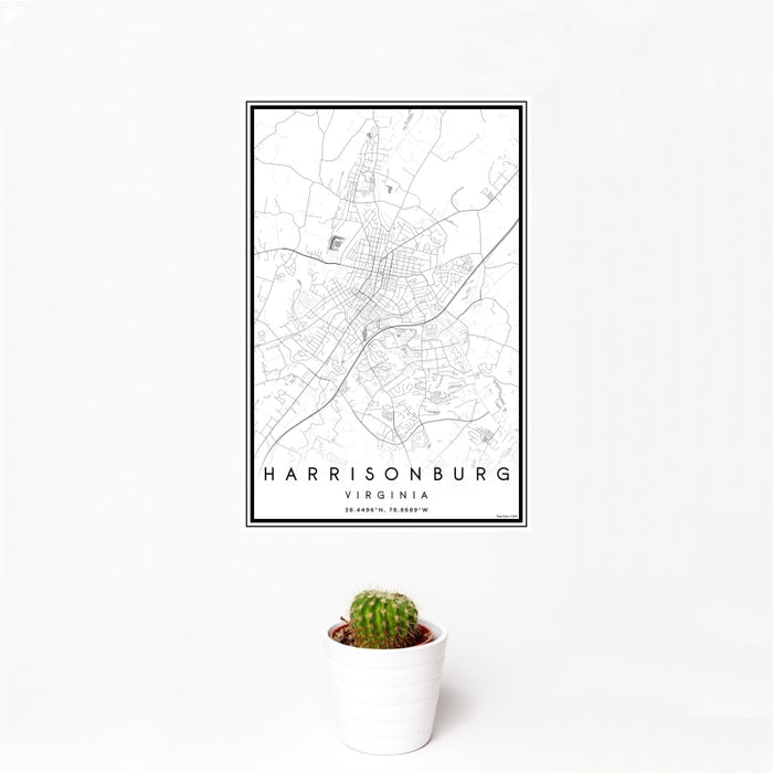 12x18 Harrisonburg Virginia Map Print Portrait Orientation in Classic Style With Small Cactus Plant in White Planter