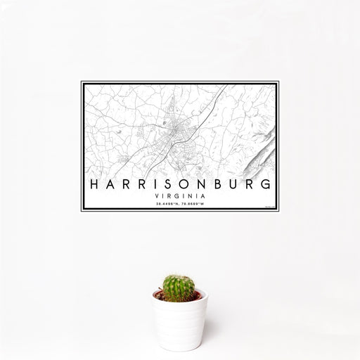 12x18 Harrisonburg Virginia Map Print Landscape Orientation in Classic Style With Small Cactus Plant in White Planter