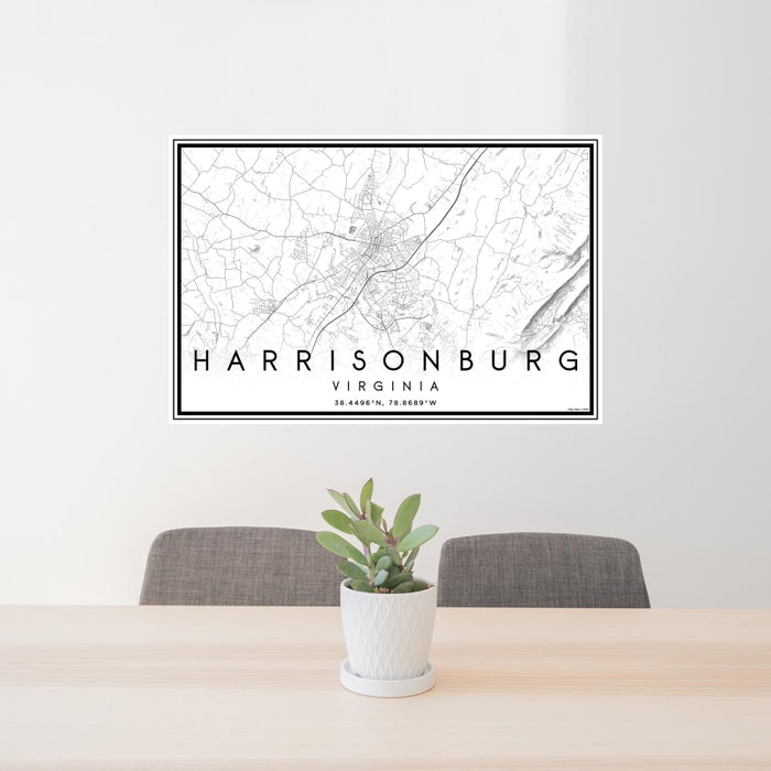 24x36 Harrisonburg Virginia Map Print Landscape Orientation in Classic Style Behind 2 Chairs Table and Potted Plant