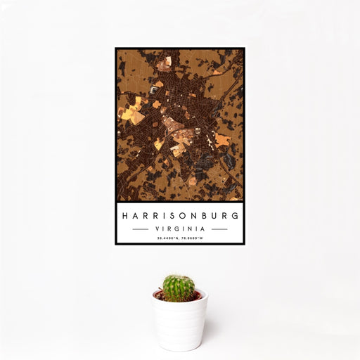 12x18 Harrisonburg Virginia Map Print Portrait Orientation in Ember Style With Small Cactus Plant in White Planter