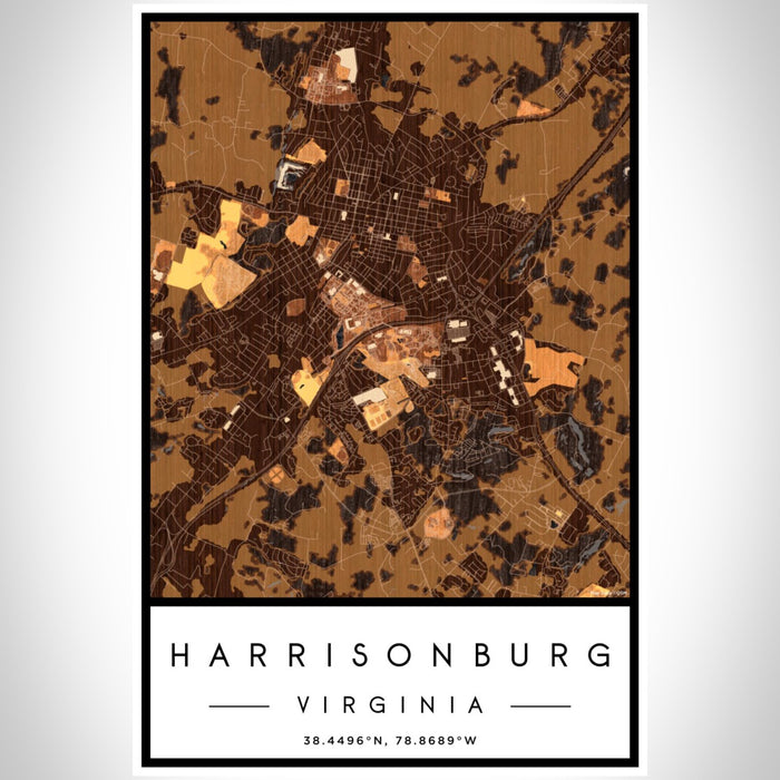 Harrisonburg Virginia Map Print Portrait Orientation in Ember Style With Shaded Background