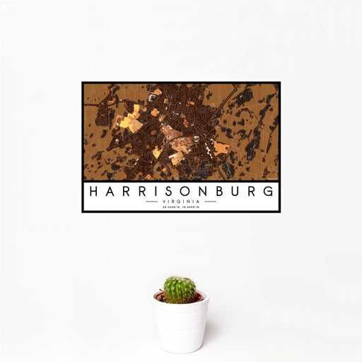 12x18 Harrisonburg Virginia Map Print Landscape Orientation in Ember Style With Small Cactus Plant in White Planter