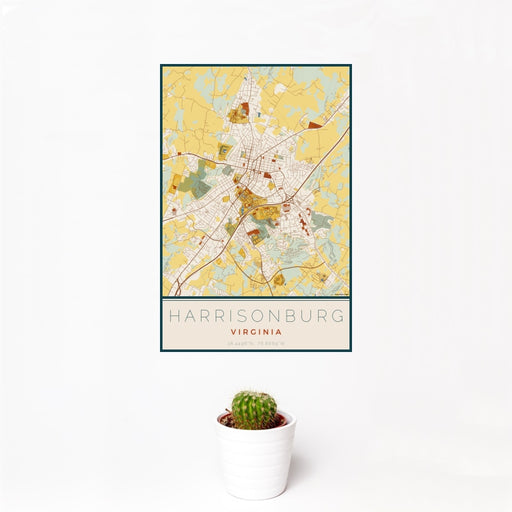 12x18 Harrisonburg Virginia Map Print Portrait Orientation in Woodblock Style With Small Cactus Plant in White Planter
