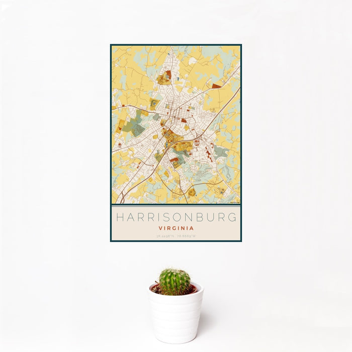 12x18 Harrisonburg Virginia Map Print Portrait Orientation in Woodblock Style With Small Cactus Plant in White Planter
