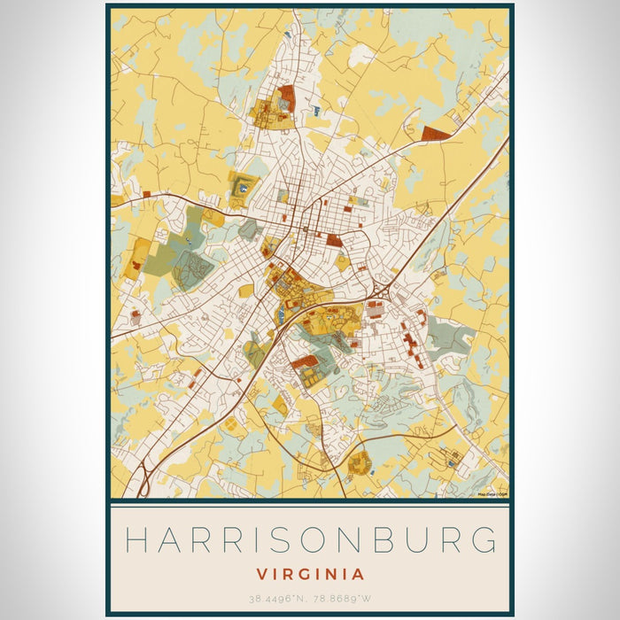 Harrisonburg Virginia Map Print Portrait Orientation in Woodblock Style With Shaded Background