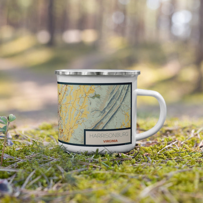 Right View Custom Harrisonburg Virginia Map Enamel Mug in Woodblock on Grass With Trees in Background