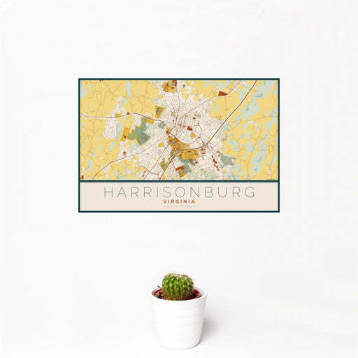 12x18 Harrisonburg Virginia Map Print Landscape Orientation in Woodblock Style With Small Cactus Plant in White Planter