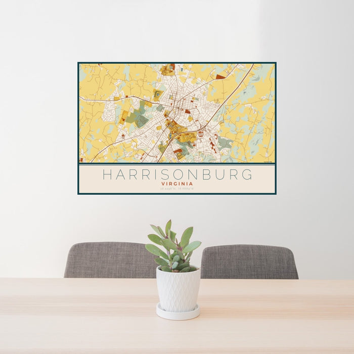 24x36 Harrisonburg Virginia Map Print Landscape Orientation in Woodblock Style Behind 2 Chairs Table and Potted Plant