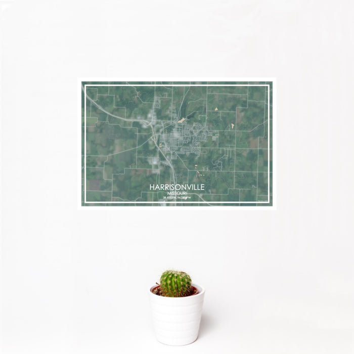 12x18 Harrisonville Missouri Map Print Landscape Orientation in Afternoon Style With Small Cactus Plant in White Planter