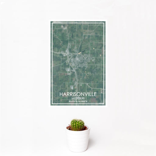12x18 Harrisonville Missouri Map Print Portrait Orientation in Afternoon Style With Small Cactus Plant in White Planter