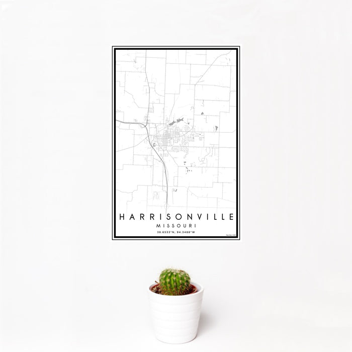 12x18 Harrisonville Missouri Map Print Portrait Orientation in Classic Style With Small Cactus Plant in White Planter
