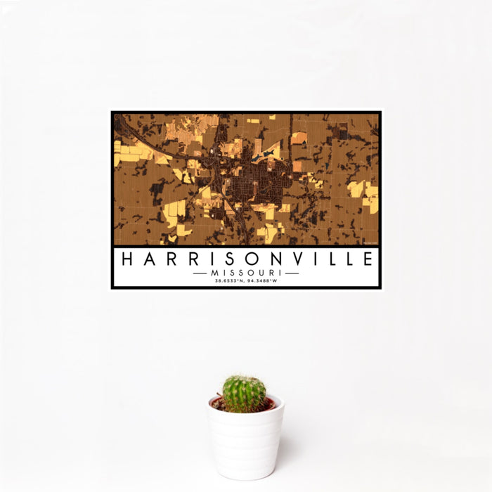 12x18 Harrisonville Missouri Map Print Landscape Orientation in Ember Style With Small Cactus Plant in White Planter