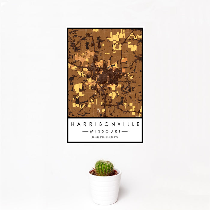 12x18 Harrisonville Missouri Map Print Portrait Orientation in Ember Style With Small Cactus Plant in White Planter