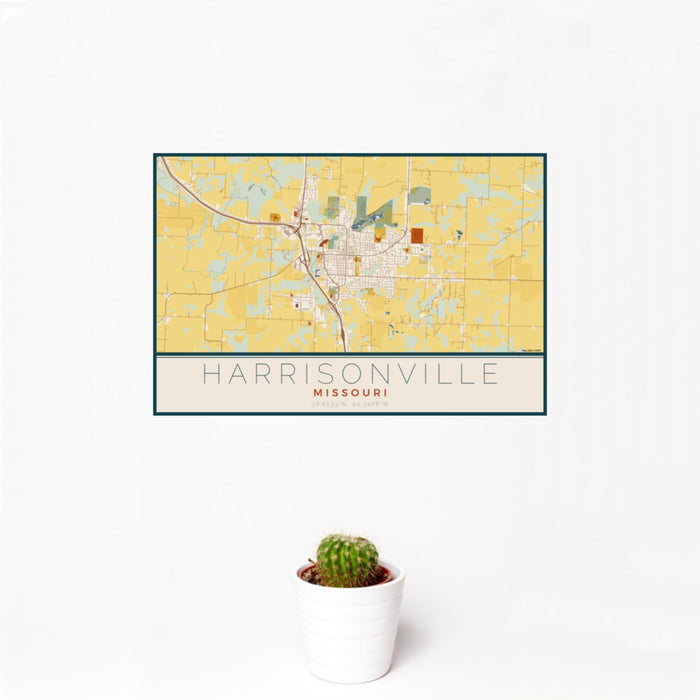 12x18 Harrisonville Missouri Map Print Landscape Orientation in Woodblock Style With Small Cactus Plant in White Planter