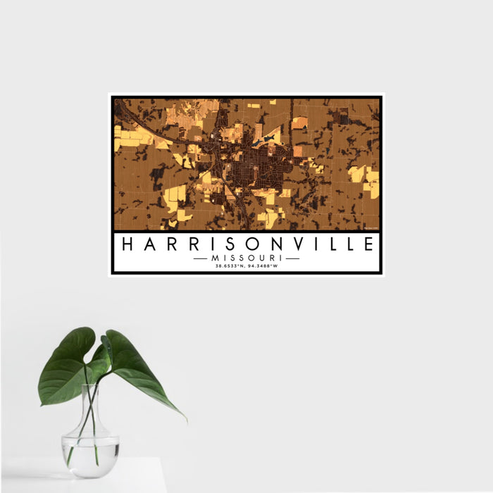 16x24 Harrisonville Missouri Map Print Landscape Orientation in Ember Style With Tropical Plant Leaves in Water