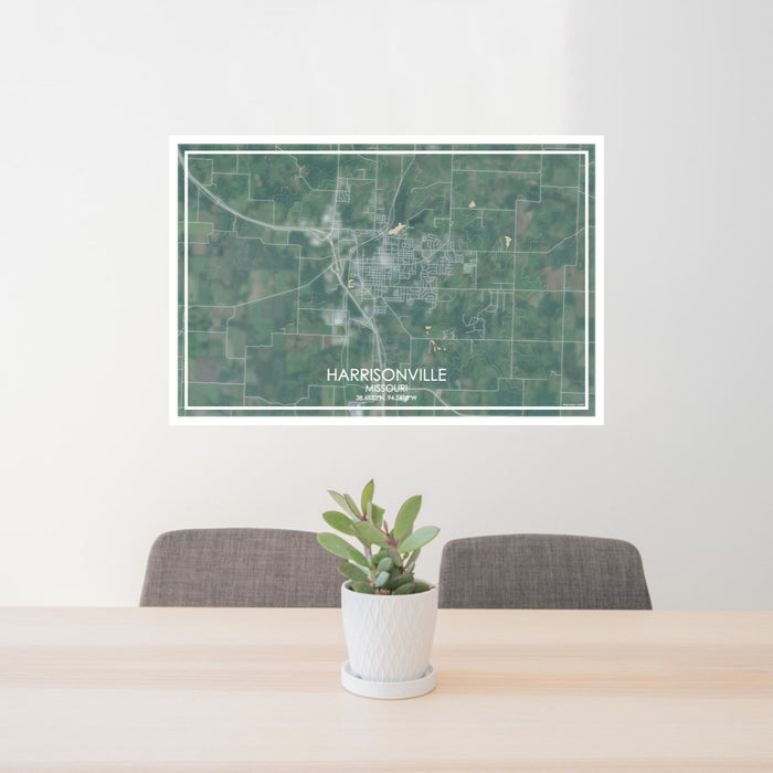 24x36 Harrisonville Missouri Map Print Lanscape Orientation in Afternoon Style Behind 2 Chairs Table and Potted Plant