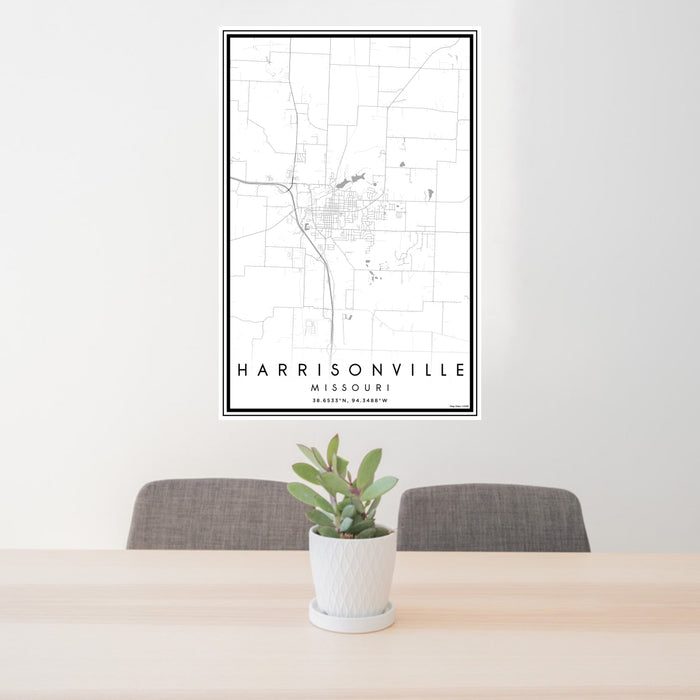 24x36 Harrisonville Missouri Map Print Portrait Orientation in Classic Style Behind 2 Chairs Table and Potted Plant