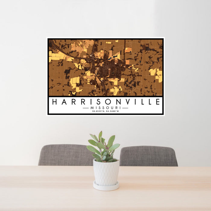 24x36 Harrisonville Missouri Map Print Lanscape Orientation in Ember Style Behind 2 Chairs Table and Potted Plant