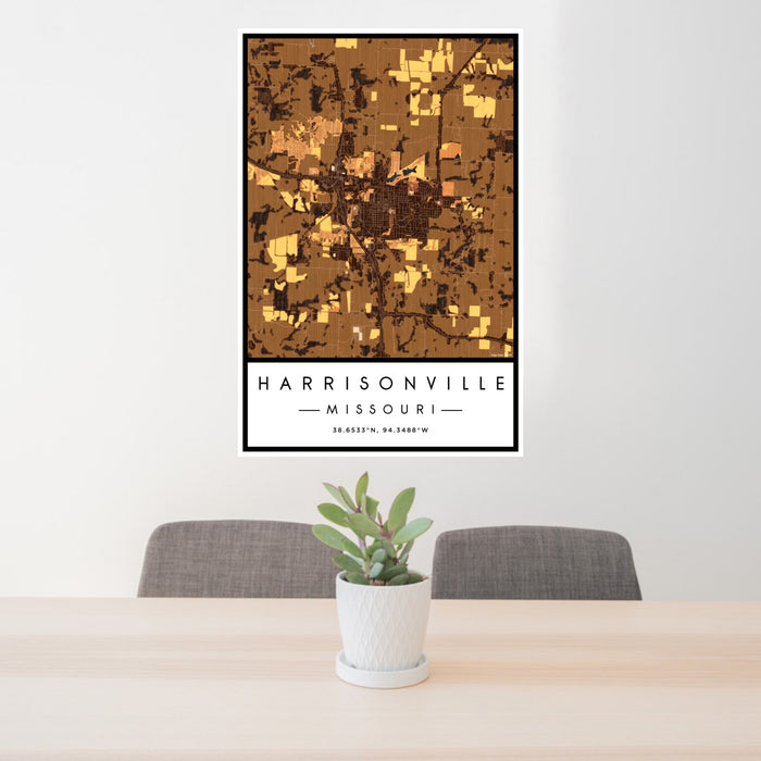24x36 Harrisonville Missouri Map Print Portrait Orientation in Ember Style Behind 2 Chairs Table and Potted Plant
