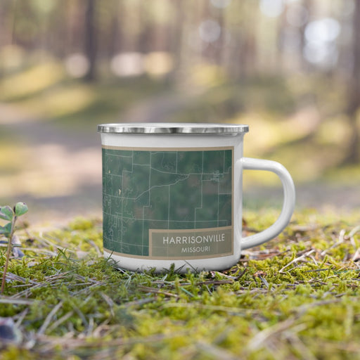 Right View Custom Harrisonville Missouri Map Enamel Mug in Afternoon on Grass With Trees in Background