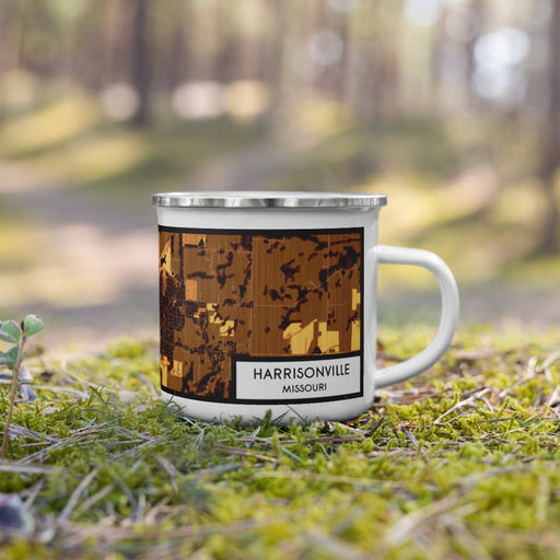 Right View Custom Harrisonville Missouri Map Enamel Mug in Ember on Grass With Trees in Background