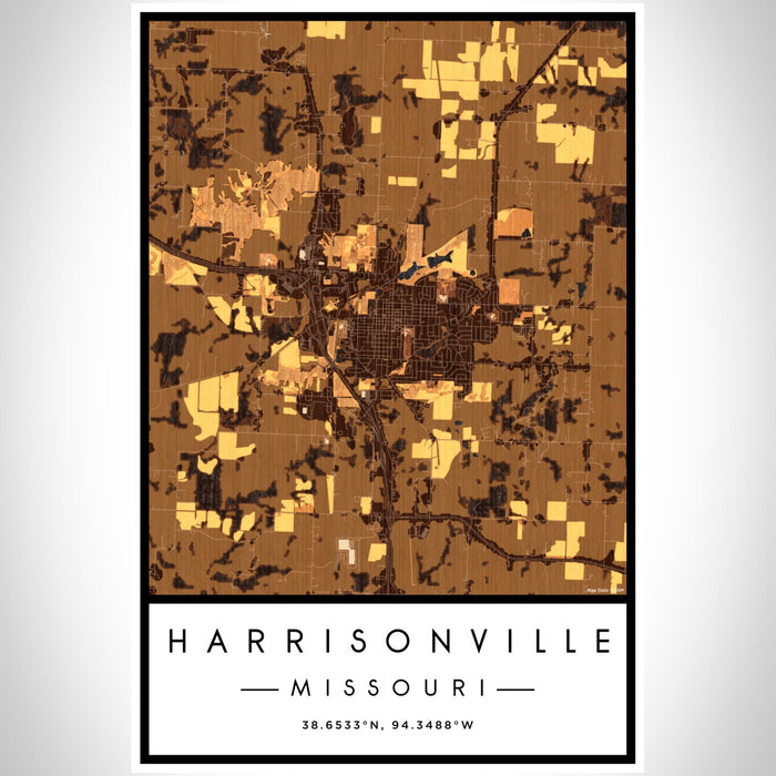 Harrisonville Missouri Map Print Portrait Orientation in Ember Style With Shaded Background
