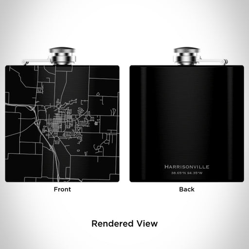 Rendered View of Harrisonville Missouri Map Engraving on 6oz Stainless Steel Flask in Black