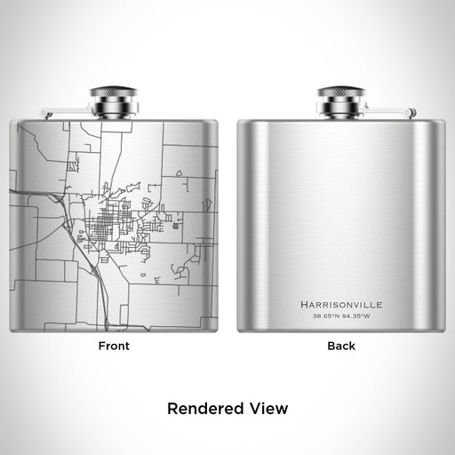 Rendered View of Harrisonville Missouri Map Engraving on 6oz Stainless Steel Flask