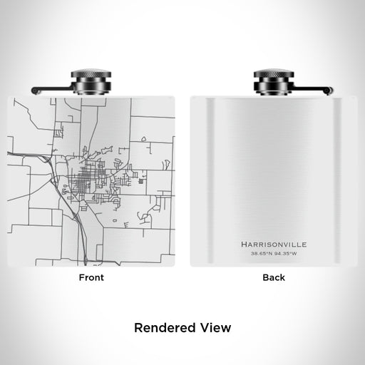 Rendered View of Harrisonville Missouri Map Engraving on 6oz Stainless Steel Flask in White