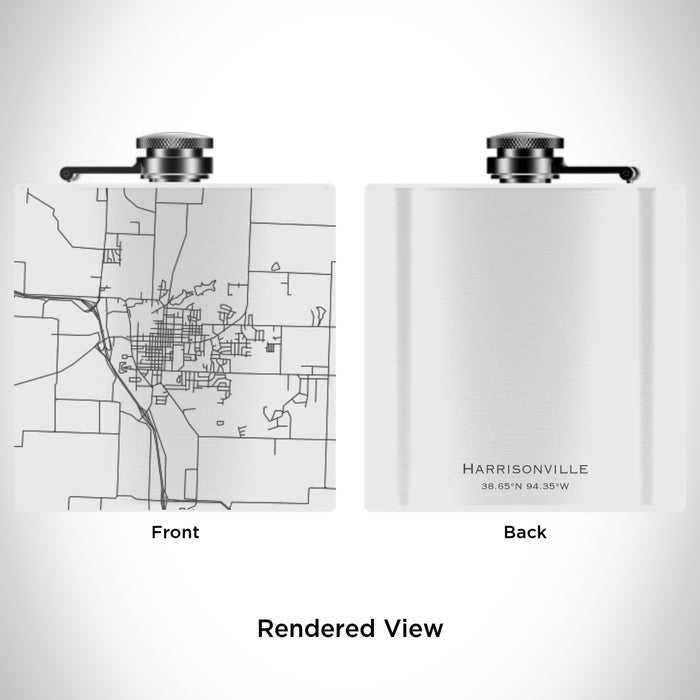 Rendered View of Harrisonville Missouri Map Engraving on 6oz Stainless Steel Flask in White