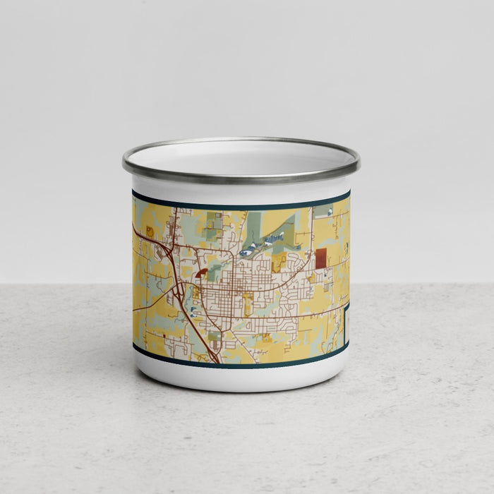 Front View Custom Harrisonville Missouri Map Enamel Mug in Woodblock