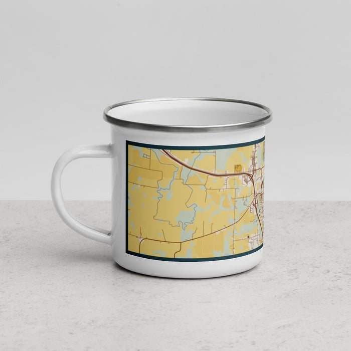 Left View Custom Harrisonville Missouri Map Enamel Mug in Woodblock
