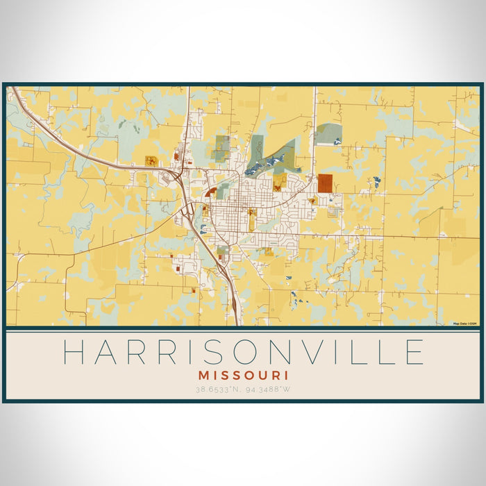 Harrisonville Missouri Map Print Landscape Orientation in Woodblock Style With Shaded Background