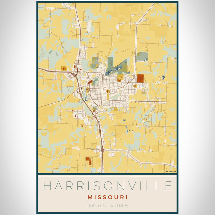 Harrisonville Missouri Map Print Portrait Orientation in Woodblock Style With Shaded Background