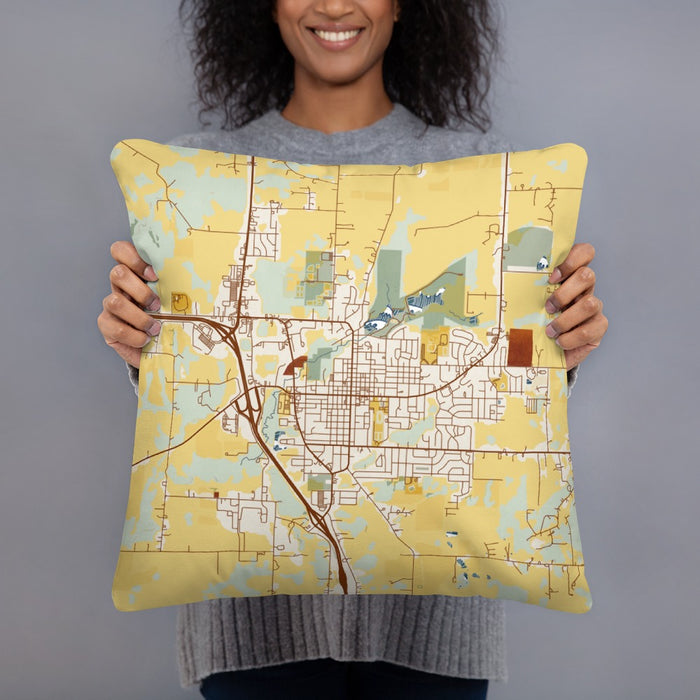 Person holding 18x18 Custom Harrisonville Missouri Map Throw Pillow in Woodblock