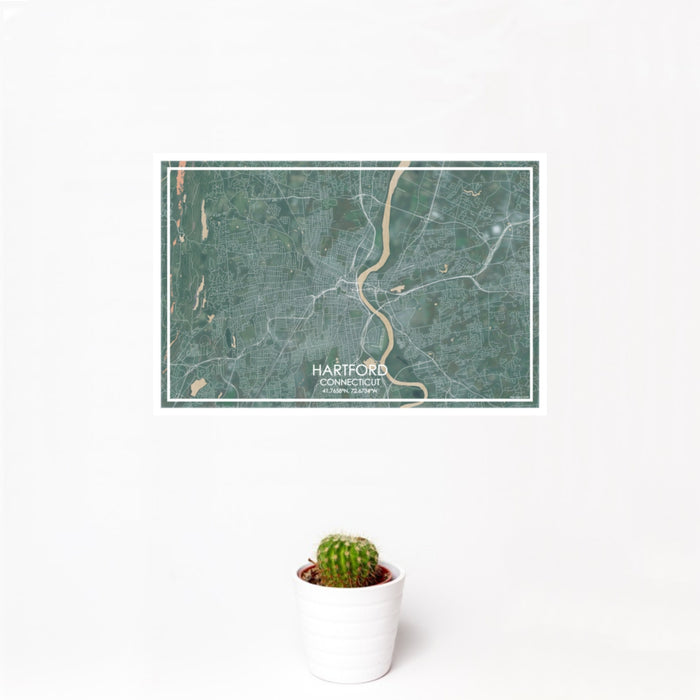 12x18 Hartford Connecticut Map Print Landscape Orientation in Afternoon Style With Small Cactus Plant in White Planter