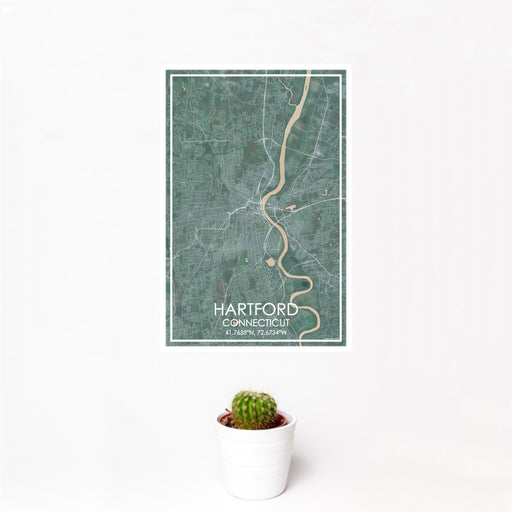12x18 Hartford Connecticut Map Print Portrait Orientation in Afternoon Style With Small Cactus Plant in White Planter
