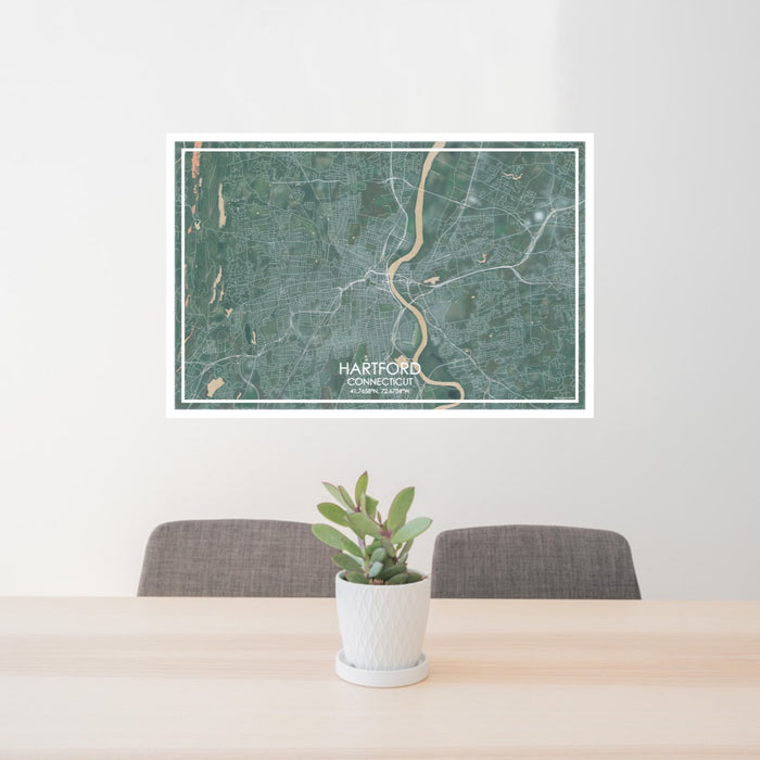 24x36 Hartford Connecticut Map Print Lanscape Orientation in Afternoon Style Behind 2 Chairs Table and Potted Plant