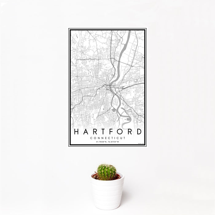 12x18 Hartford Connecticut Map Print Portrait Orientation in Classic Style With Small Cactus Plant in White Planter