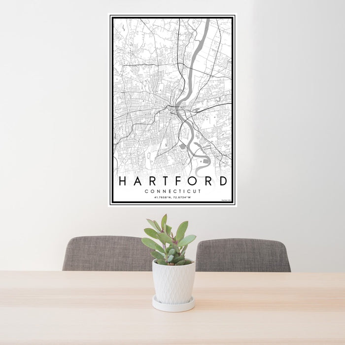 24x36 Hartford Connecticut Map Print Portrait Orientation in Classic Style Behind 2 Chairs Table and Potted Plant