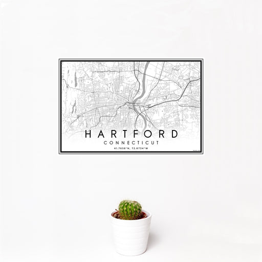 12x18 Hartford Connecticut Map Print Landscape Orientation in Classic Style With Small Cactus Plant in White Planter