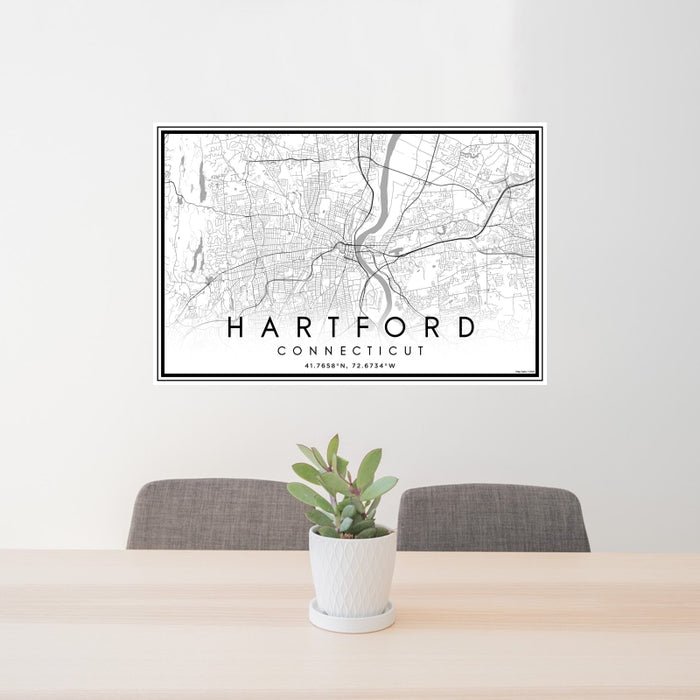 24x36 Hartford Connecticut Map Print Landscape Orientation in Classic Style Behind 2 Chairs Table and Potted Plant