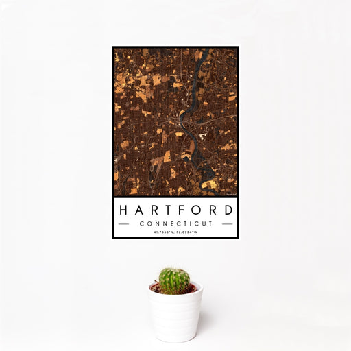 12x18 Hartford Connecticut Map Print Portrait Orientation in Ember Style With Small Cactus Plant in White Planter
